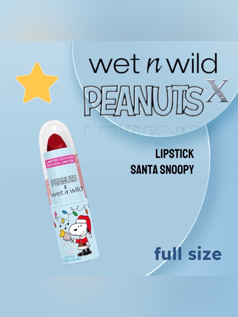 🎄🇺🇸🆕📦NIB WET N WILD x PEANUTS |FULL| Merry Red Fa-La-La Lipstick Santa Snoopy
